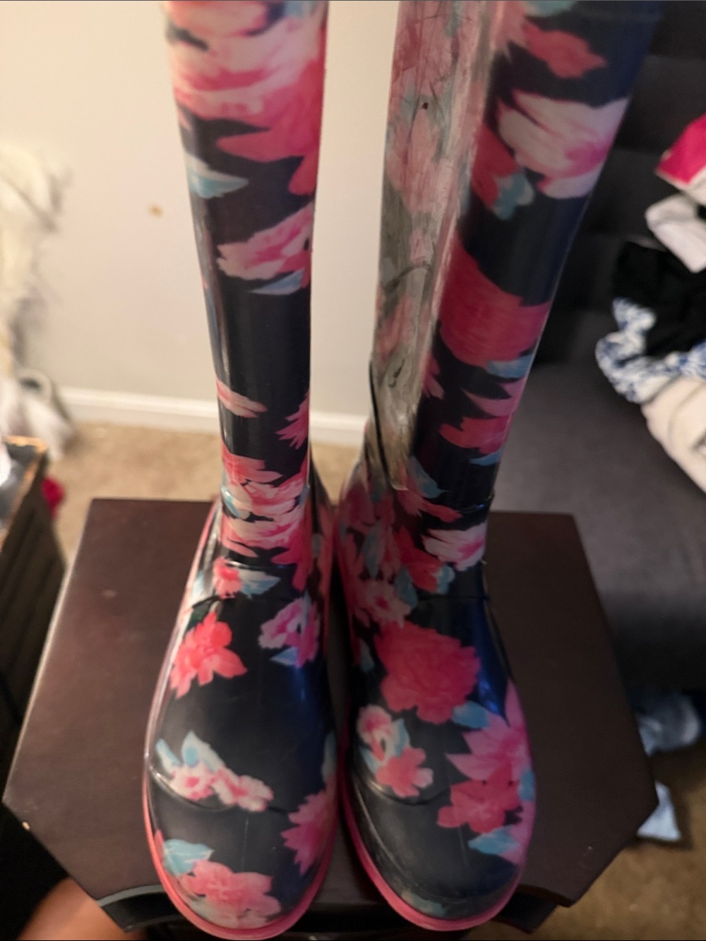 Kids Floral Rain Boots - Navy with Pink Flowers